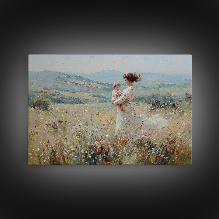 Standing Mother With Baby In Wildflower Valley Canvas Print, Impressionist Floral Landscape, Nursery Decor, Gift For Mom