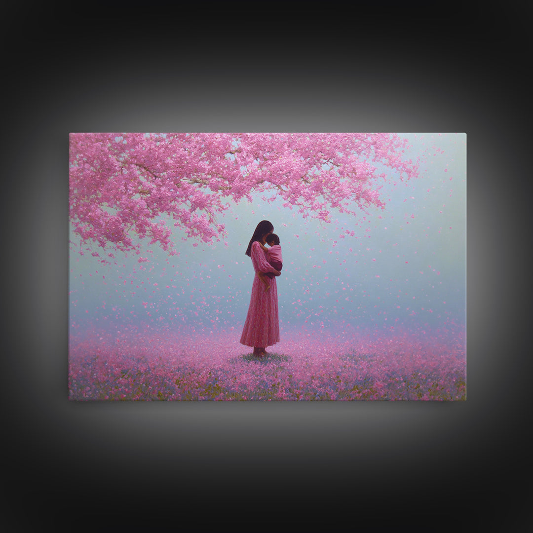 Mother And Child Under Pink Blossoms Wall Art, Cherry Blossom Painting, Feminine Nursery Decor, Romantic Gift For Her, Pink Wall Art