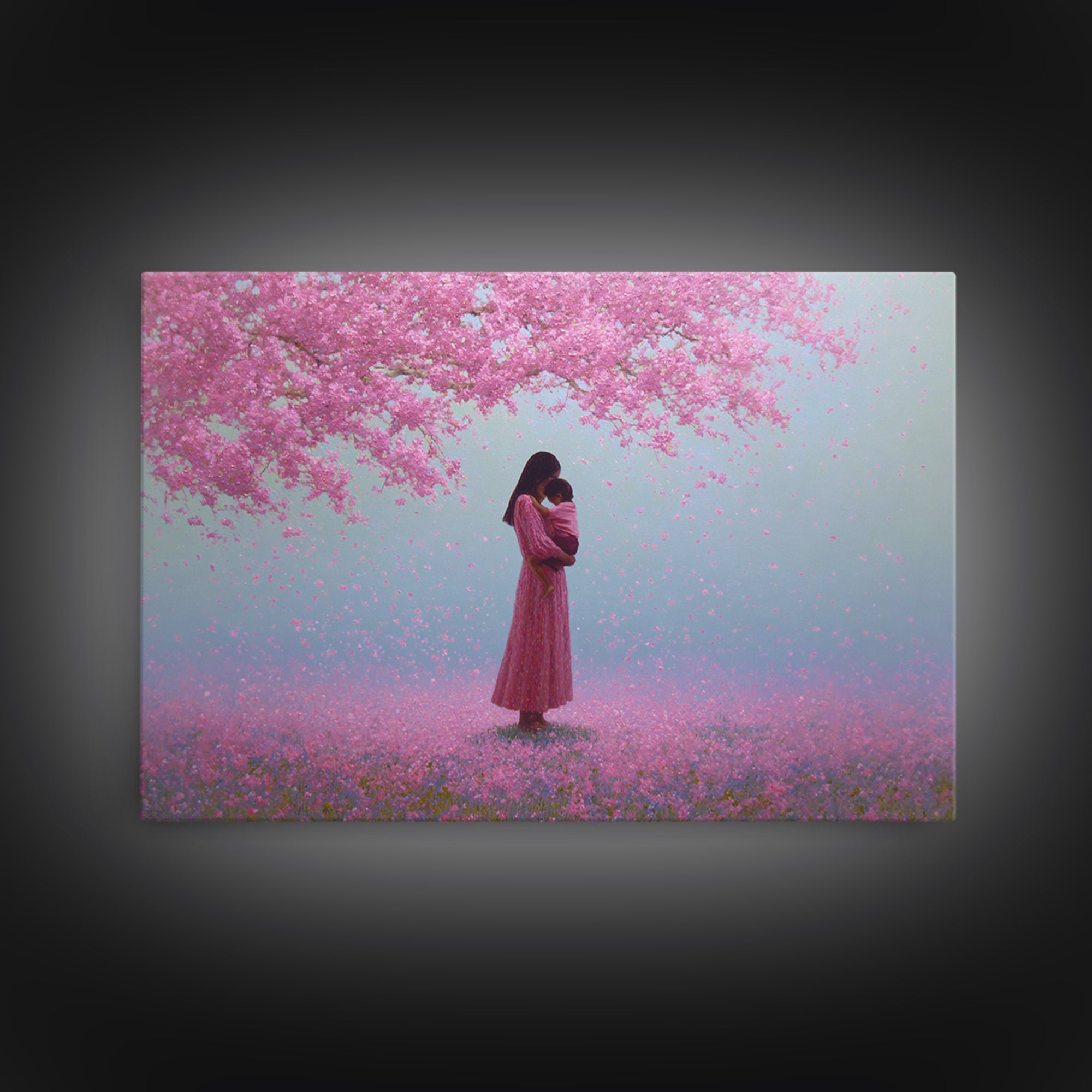 Mother And Child Under Pink Blossoms Wall Art, Cherry Blossom Painting, Feminine Nursery Decor, Romantic Gift For Her, Pink Wall Art