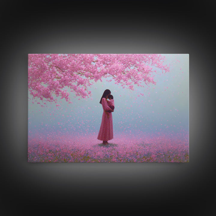 Mother And Child Under Pink Blossoms Wall Art, Cherry Blossom Painting, Feminine Nursery Decor, Romantic Gift For Her, Pink Wall Art