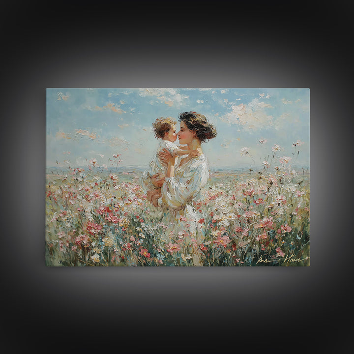 Mother Kissing Baby In Wildflower Field Canvas Print, Impressionist Floral Painting, Nursery Wall Art, Gift For Mom, Living Room Decor