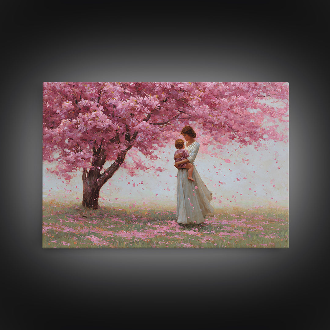 Mother And Child Under Cherry Blossom Tree Framed Canvas Print, Pink Floral Landscape, Romantic Nursery Decor, Gift For Her