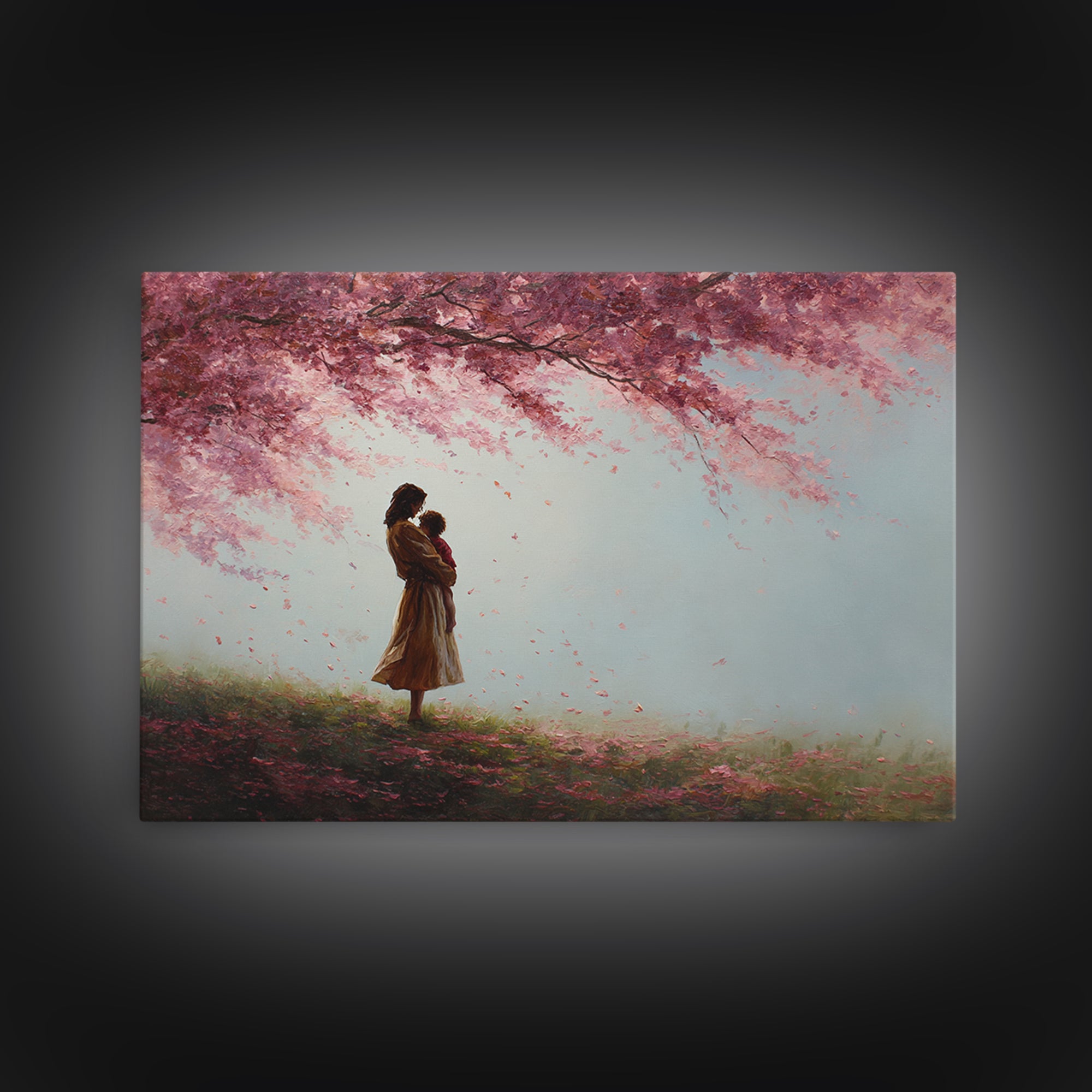 Mother And Child Under Pink Blossoms Wall Art, Soft Spring Meadow Canvas, Feminine Nursery Decor, Gift For Mom, Living Room Decor