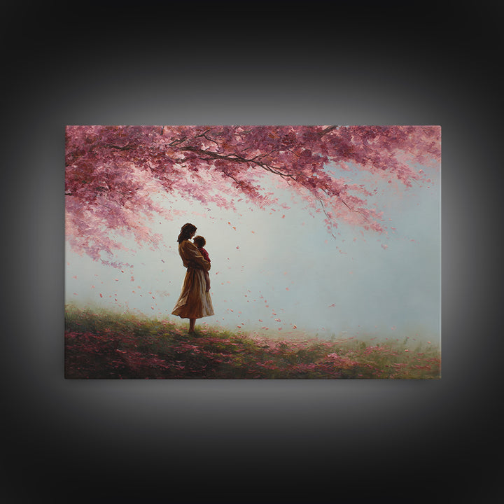 Mother And Child Under Pink Blossoms Wall Art, Soft Spring Meadow Canvas, Feminine Nursery Decor, Gift For Mom, Living Room Decor