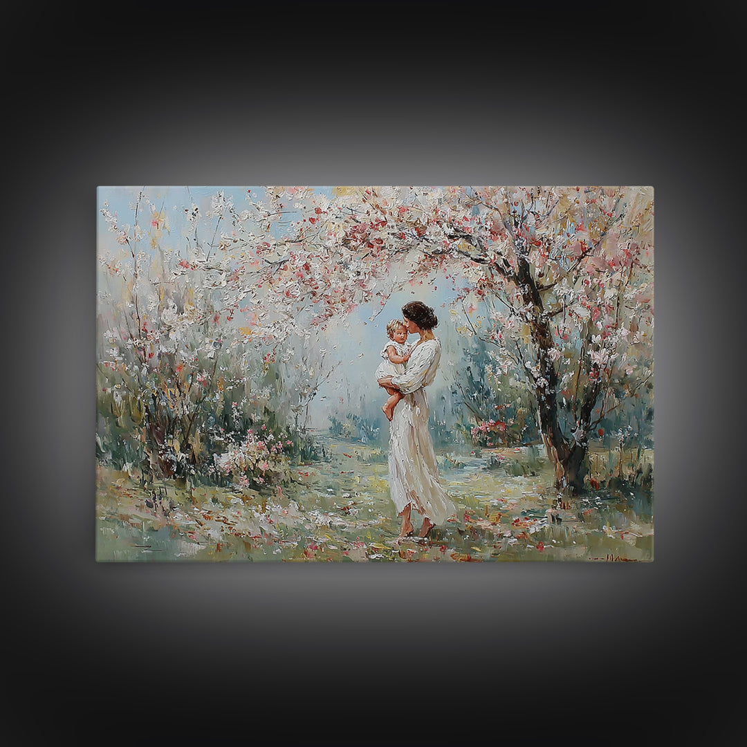 Mother Holding Baby In Blooming Garden Canvas Print, Impressionist Floral Wall Art, Nursery Decor, Housewarming Gift, Home Decor