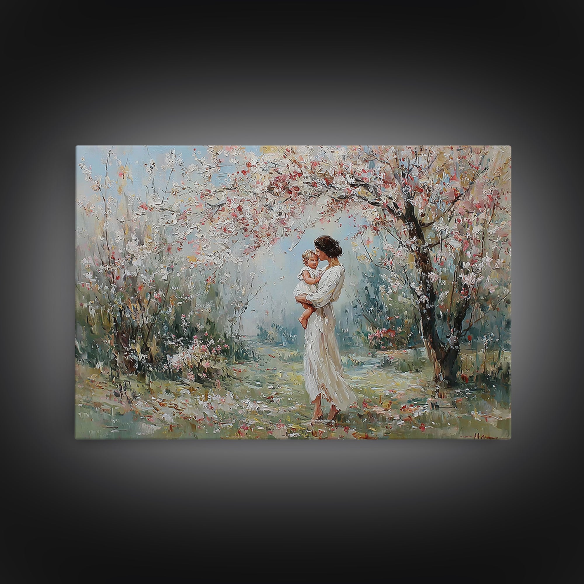 Mother Holding Baby In Blooming Garden Canvas Print, Impressionist Floral Wall Art, Nursery Decor, Housewarming Gift, Home Decor