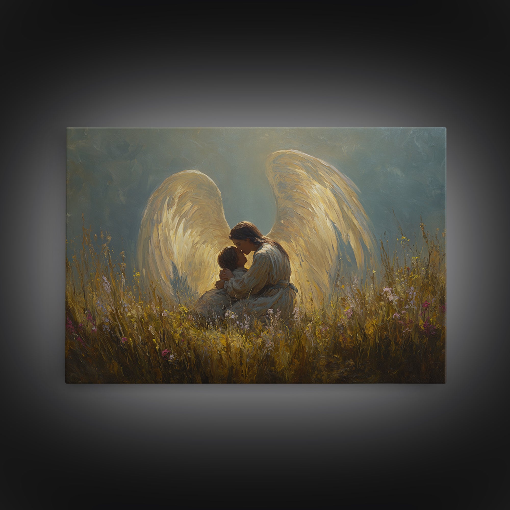 Golden Winged Angel And Child Meadow Framed Canvas Print, Spiritual Wall Art, Christian Nursery Decor, Gift For Her, Living Room Decor