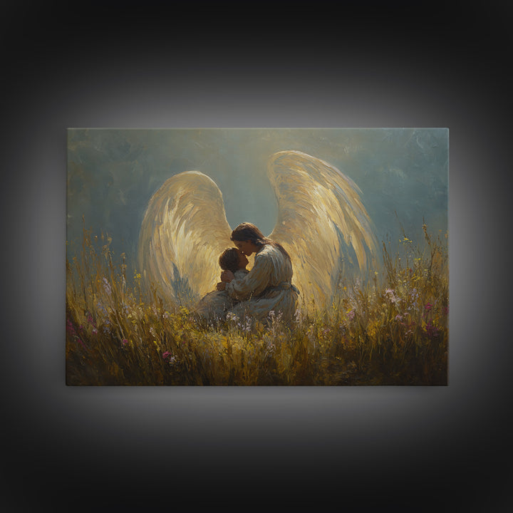 Golden Winged Angel And Child Meadow Framed Canvas Print, Spiritual Wall Art, Christian Nursery Decor, Gift For Her, Living Room Decor