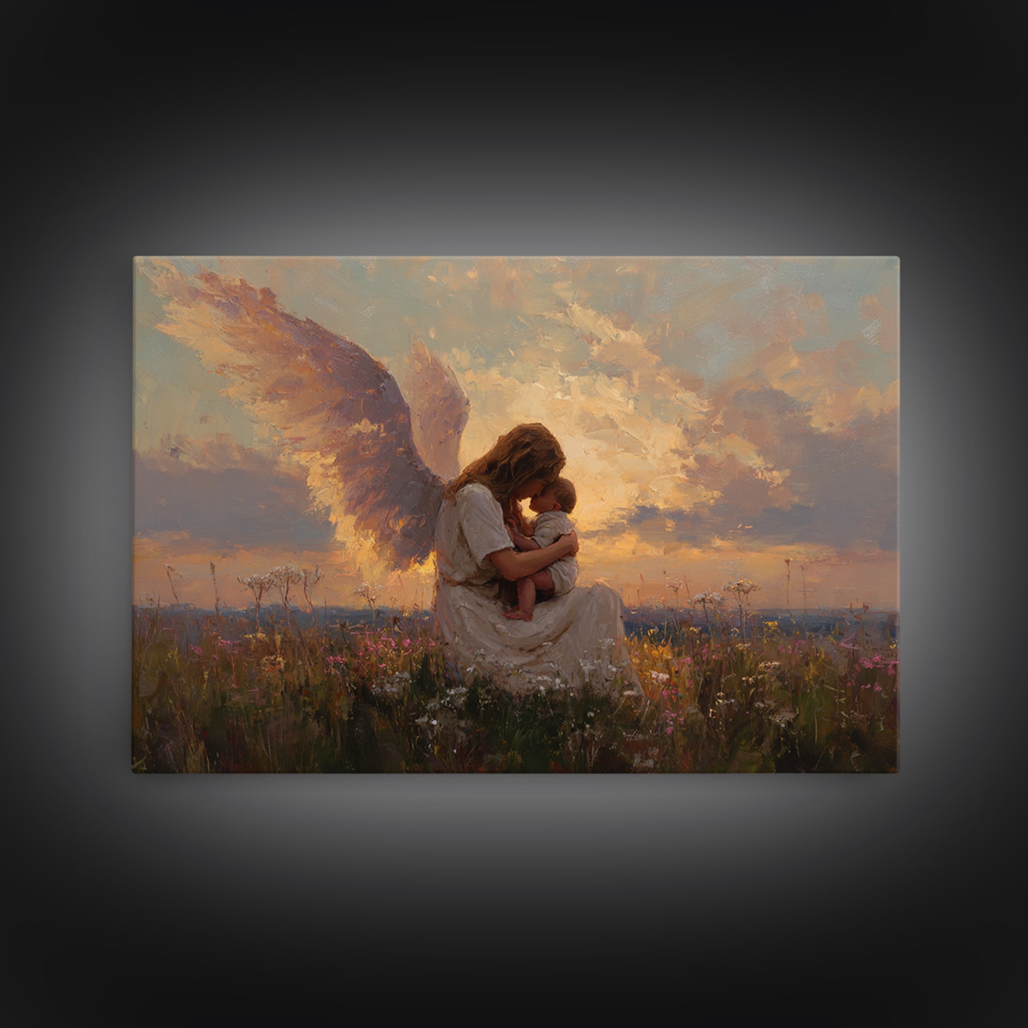 Sunset Angel Mother Cradling Baby Canvas Print, Guardian Angel Wall Art, Spiritual Nursery Decor, Christian Gift For Her