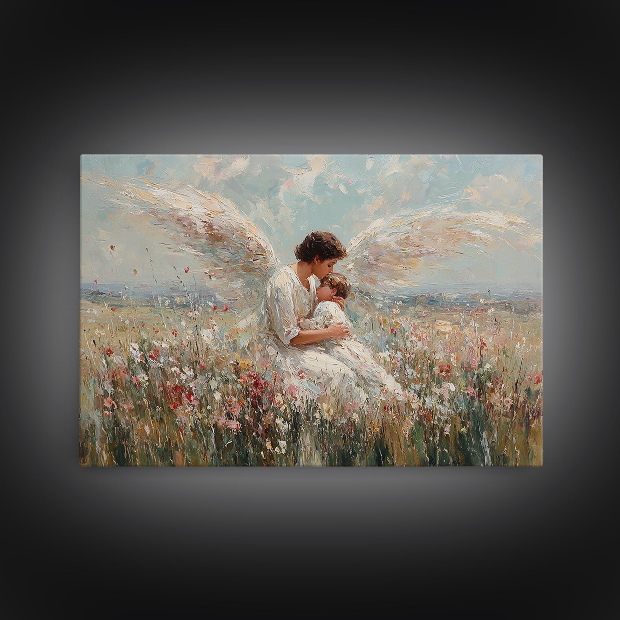 Guardian Angel Holding Baby In Wildflower Field Framed Canvas Print, Christian Wall Art, Nursery Decor, Spiritual Gift Idea