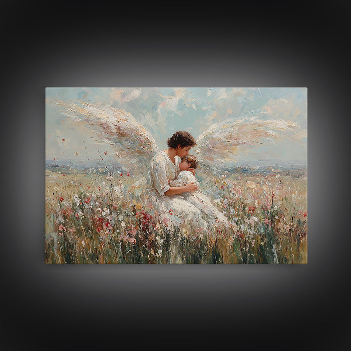 Guardian Angel Holding Baby In Wildflower Field Framed Canvas Print, Christian Wall Art, Nursery Decor, Spiritual Gift Idea
