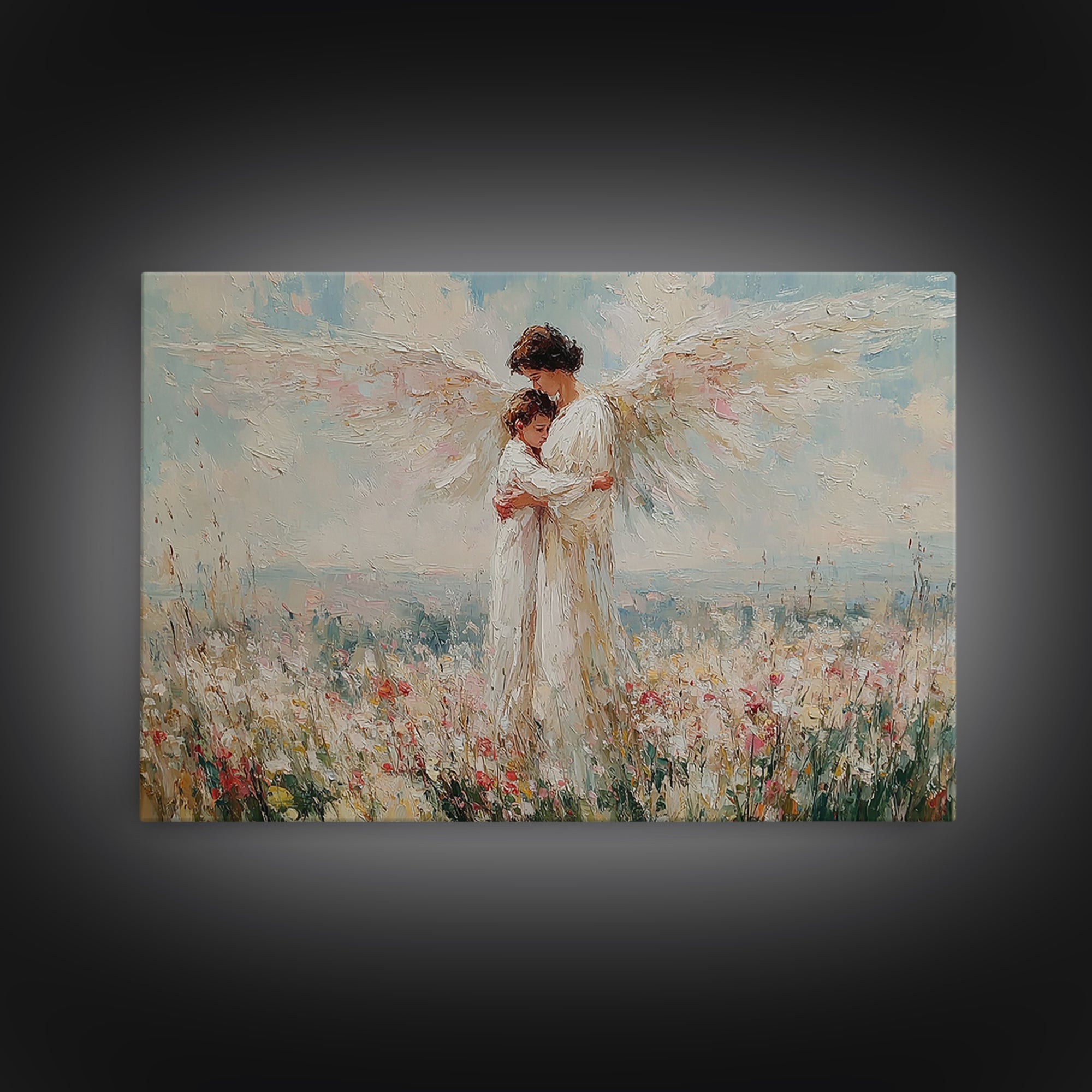Angel Embracing Child In White Wildflowers Wall Art, Christian Canvas Print, Spiritual Nursery Decor, Gift For Mom, Home Decor