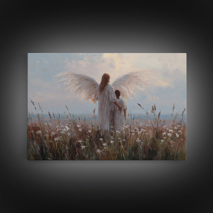 Angel And Child Facing Soft Horizon Canvas Print, Peaceful Meadow Wall Art, Christian Home Decor, Nursery Decor, Living Room Decor