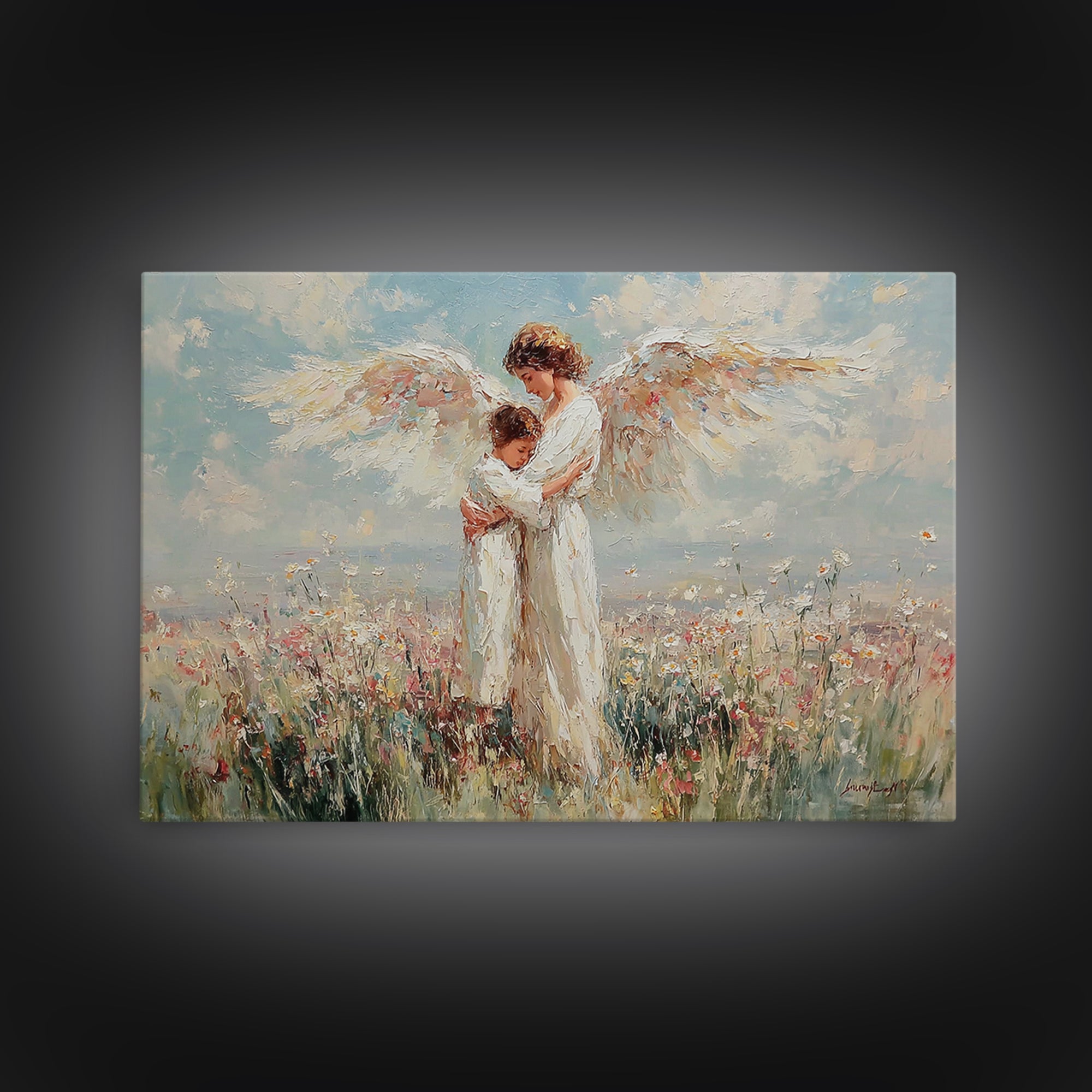 Angel Holding Child In Daisy Meadow Framed Canvas Print, Christian Wall Art, Spiritual Nursery Decor, Gift For Her, Home Decor