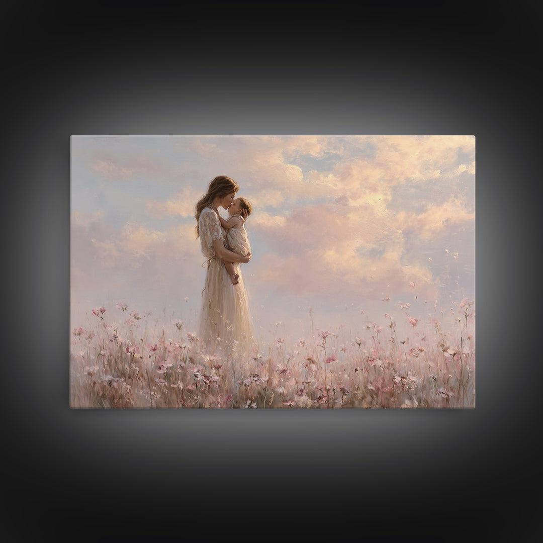 Mother Kissing Baby In Pastel Flower Meadow Wall Art, Soft Feminine Canvas Print, Nursery Decor, Gift For Mom, Bedroom Decor