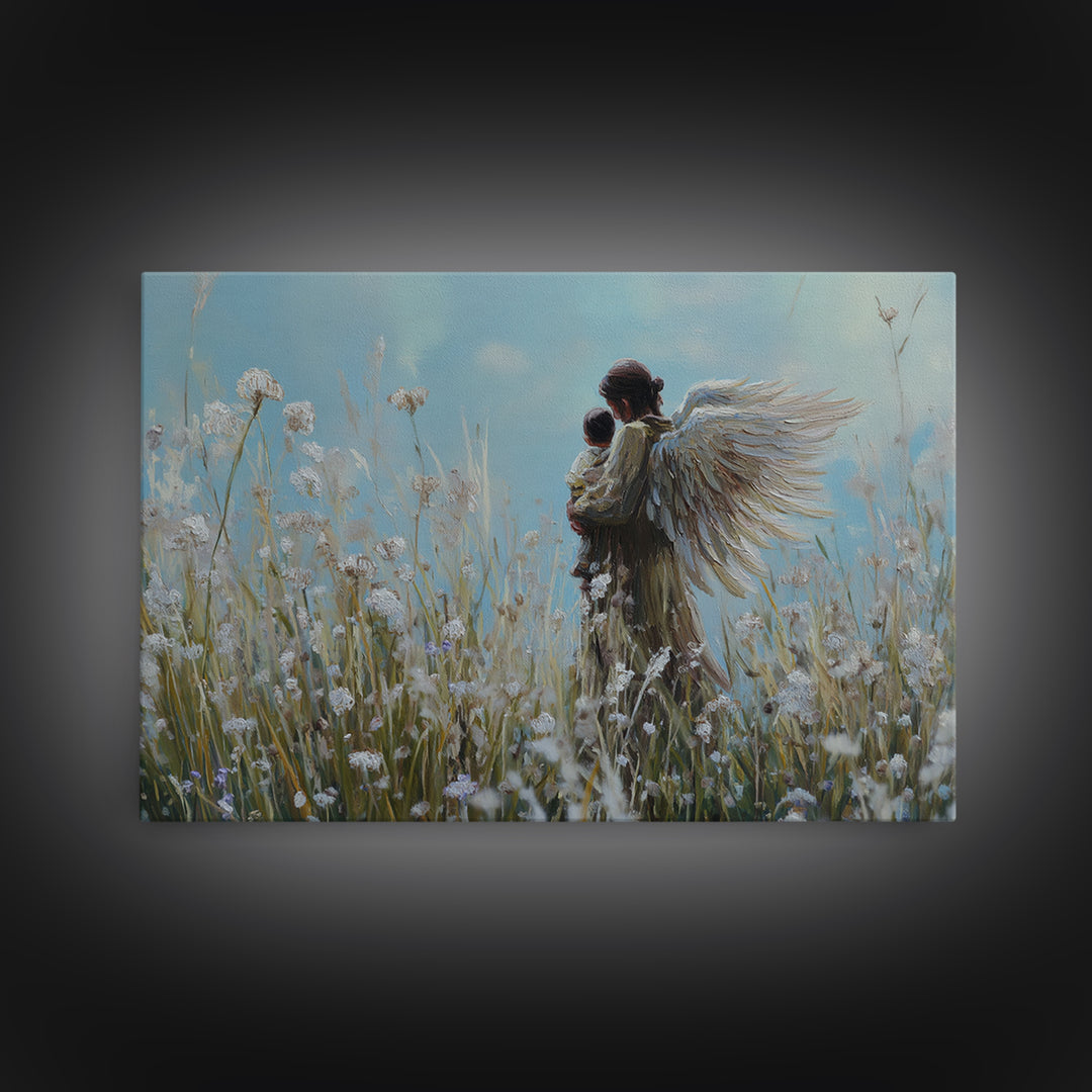 Guardian Angel Carrying Baby Through Dandelions Canvas Print, Spiritual Wall Art, Christian Nursery Decor, Gift For Mom, Home Decor