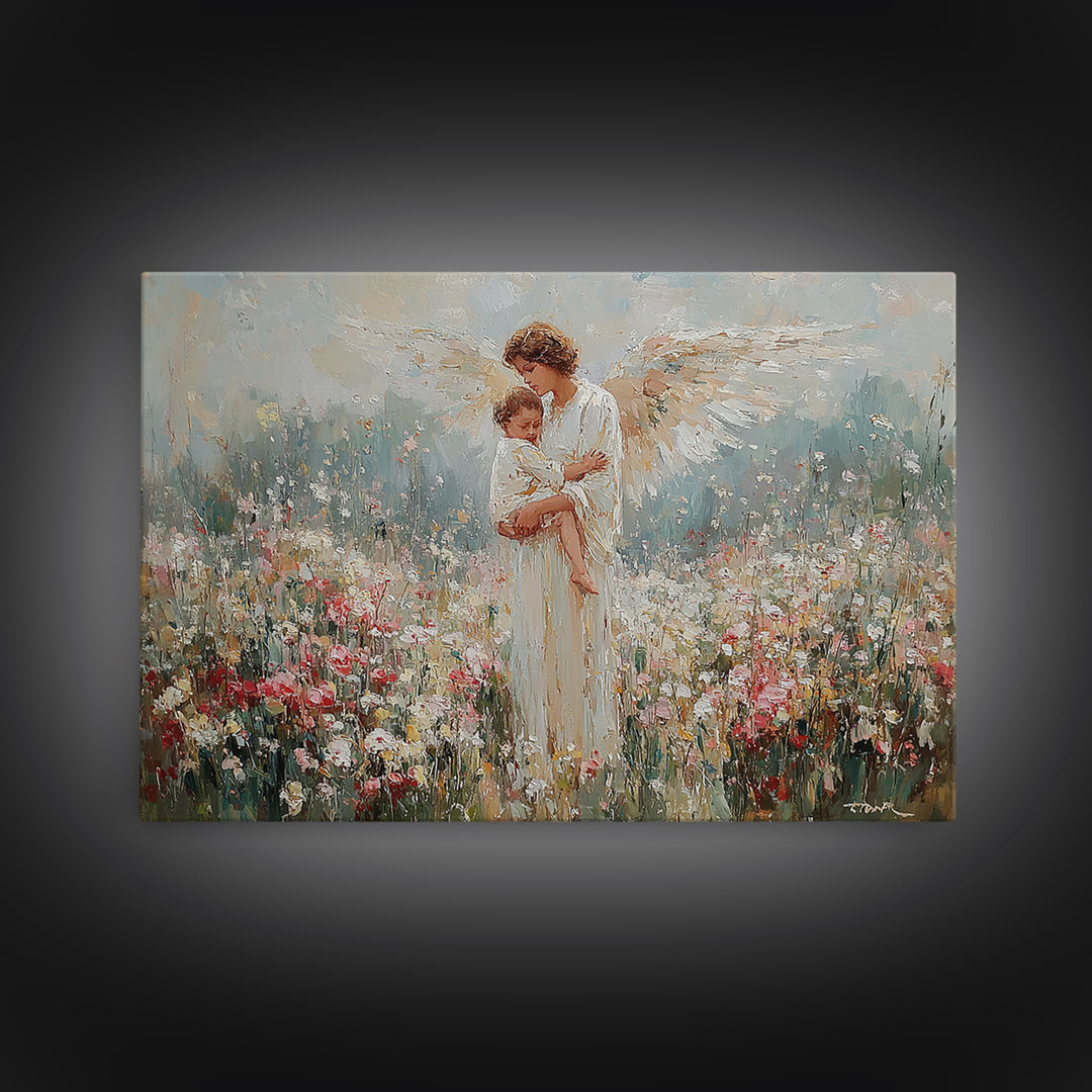 Angel Mother Holding Child In Wildflower Meadow Wall Art, Spiritual Nursery Decor, Floral Fine Art Print, Gift For Mom, Home Decor