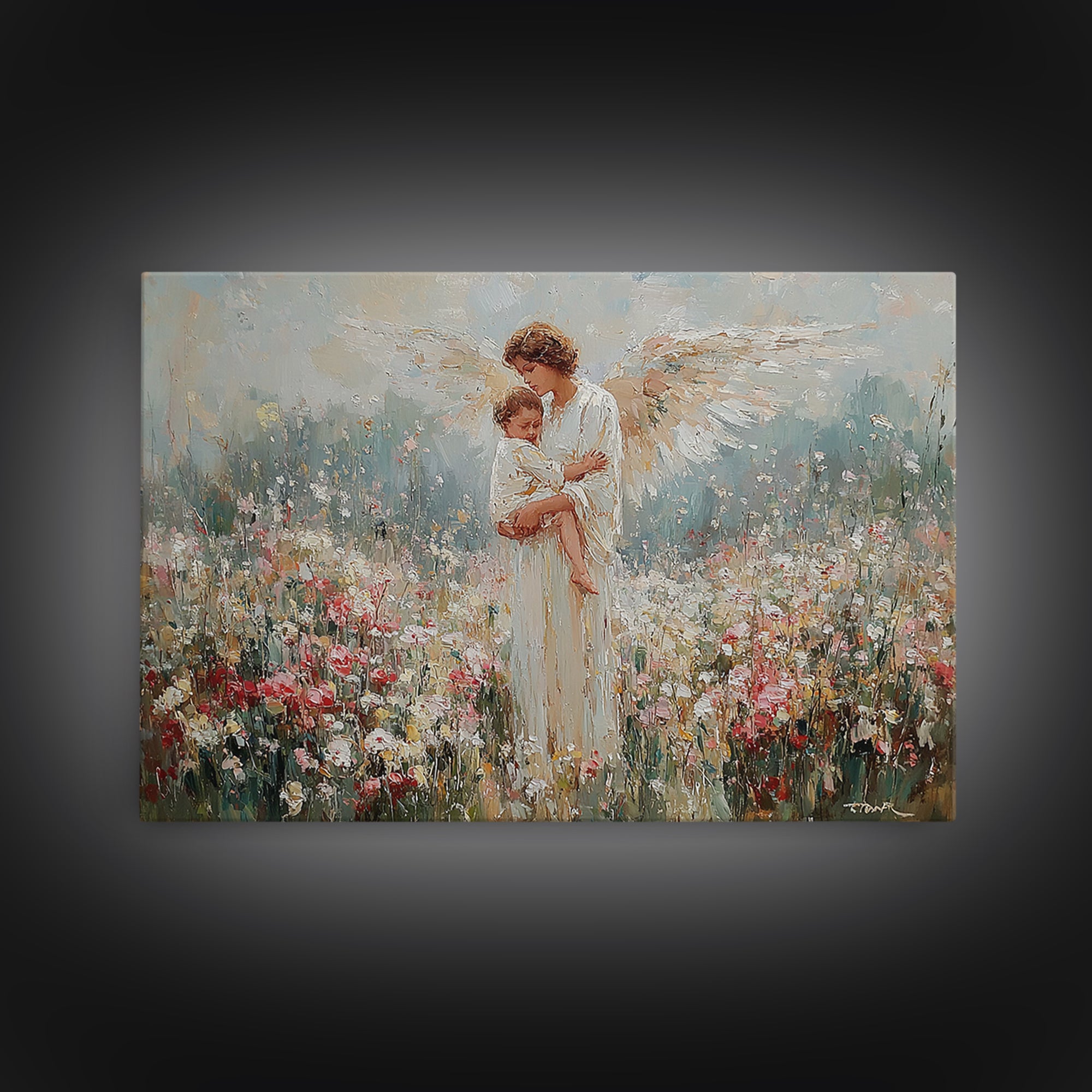 Angel Mother Holding Child In Wildflower Meadow Wall Art, Spiritual Nursery Decor, Floral Fine Art Print, Gift For Mom, Home Decor