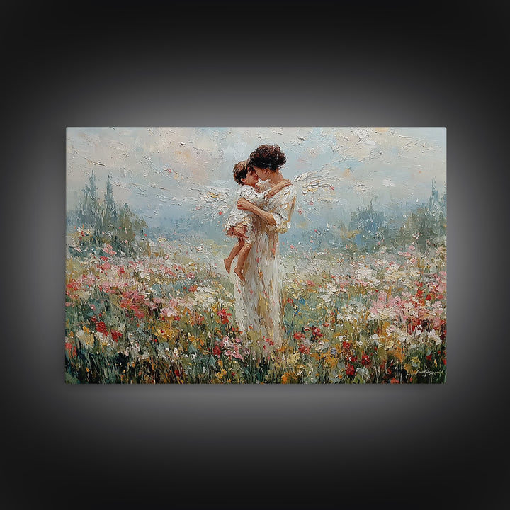 Mother And Baby Embrace In Flower Field Framed Canvas Print, Angelic Nursery Wall Art, Spiritual Gift For Mom, Home Decor