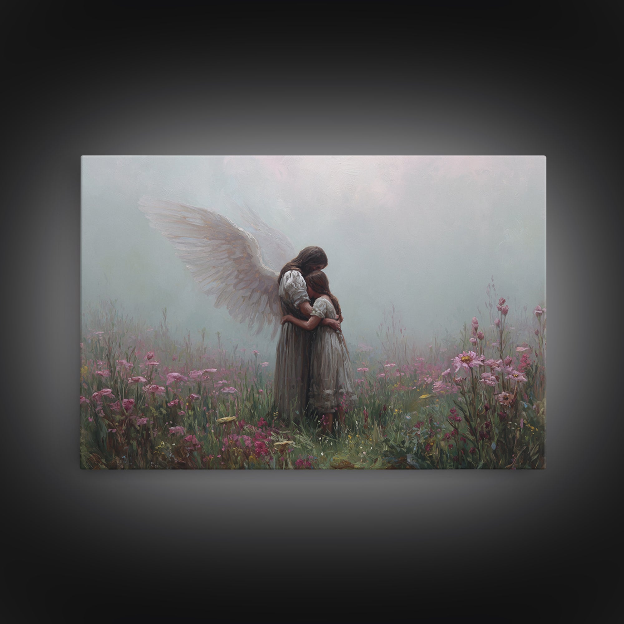Guardian Angel Hugging Child In Misty Wildflowers Wall Art, Spiritual Nursery Decor, Moody Floral Fine Art Print For Mom