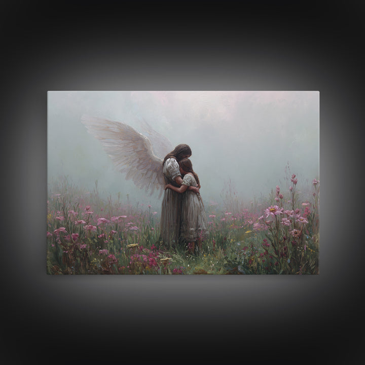 Guardian Angel Hugging Child In Misty Wildflowers Wall Art, Spiritual Nursery Decor, Moody Floral Fine Art Print For Mom