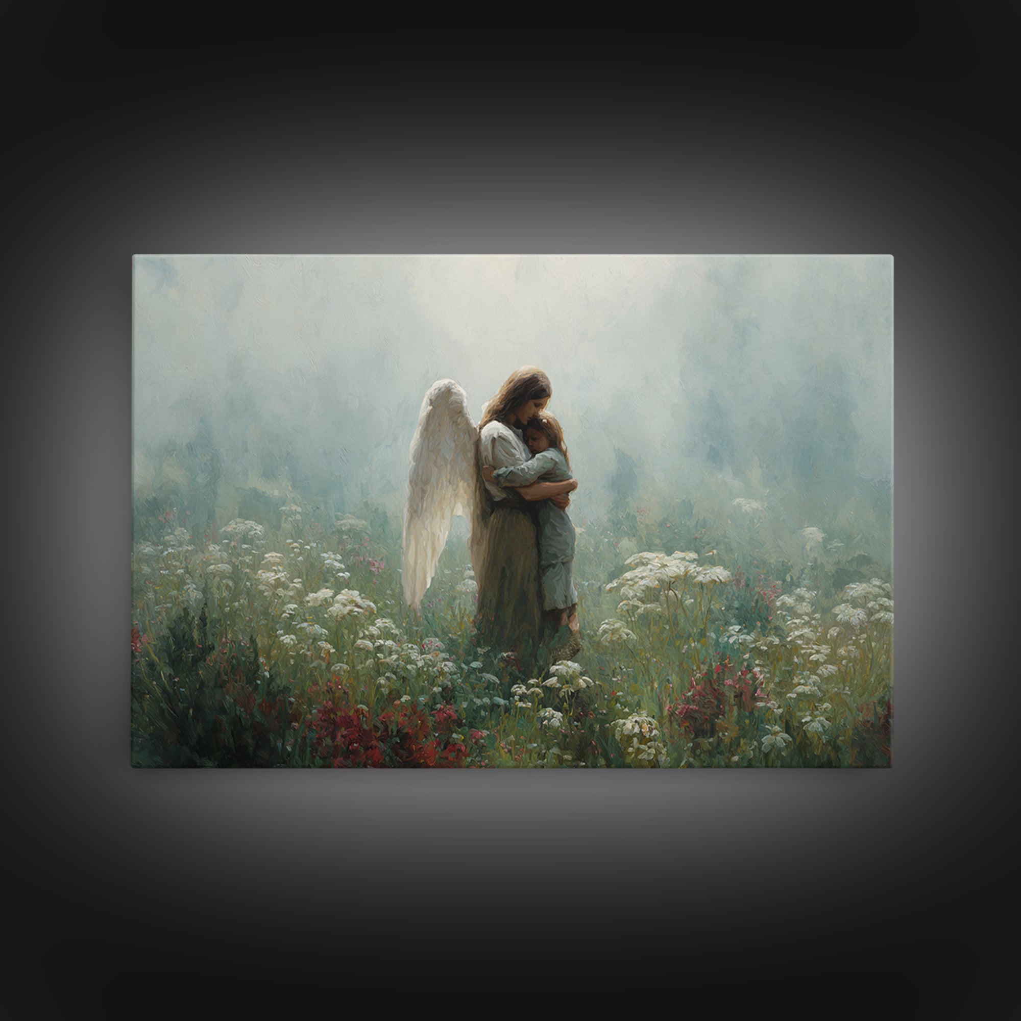 Angel Mother Cradling Child In Soft Meadow Canvas Print, Spiritual Wall Art, Calming Floral Nursery Decor, Gift For Mom, Home Decor