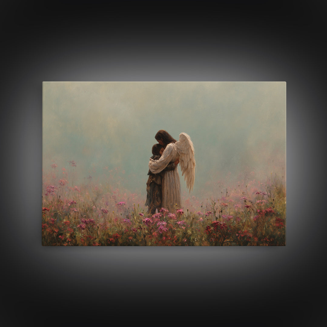 Winged Mother And Child Embracing In Pink Meadow Wall Art, Spiritual Nursery Decor, Moody Floral Painting, Gift For Her, Home Decor