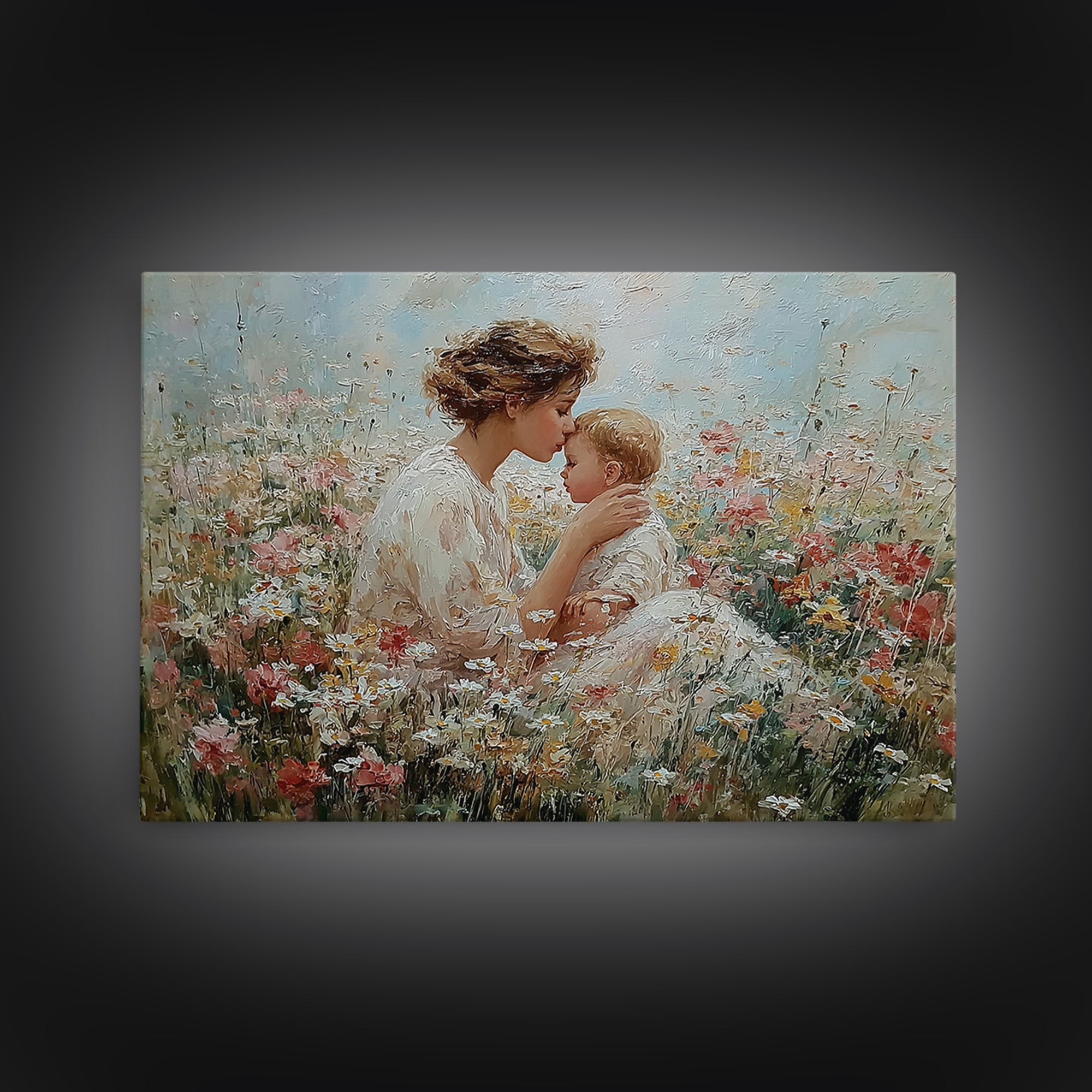 Tender Mother Kissing Baby Among White Daisies Framed Canvas Print, Floral Nursery Wall Art, Spiritual Gift For Mom, Home Decor