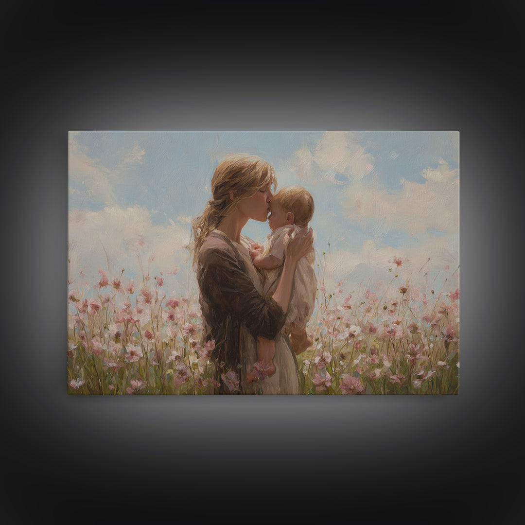 Blonde Mother Kissing Baby In Pink Flower Field Framed Canvas Print, Soft Nursery Wall Art, Mothers Day Gift, Home Decor