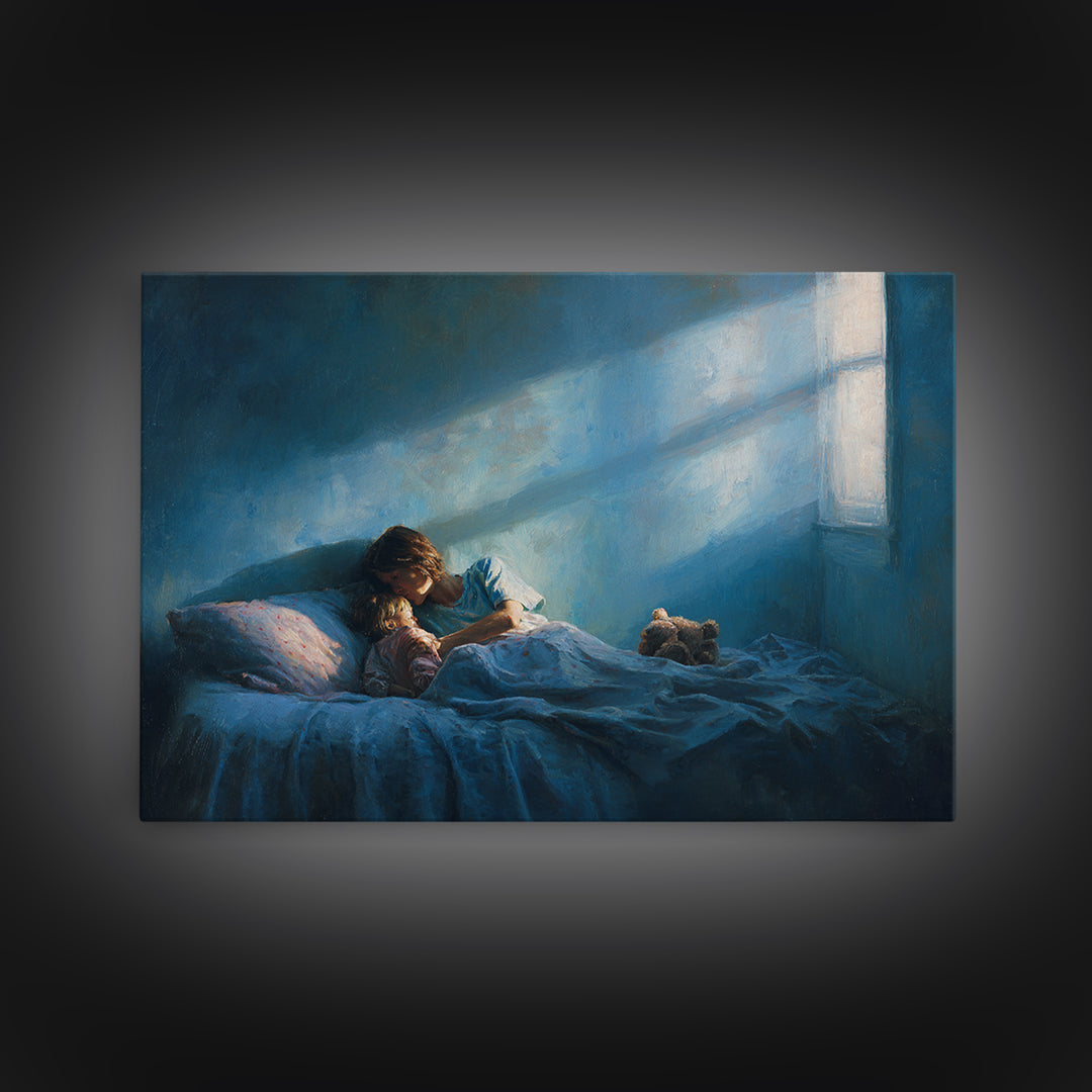 Moonlit Child Reading In Blue Bedroom Wall Art, Impressionist Oil Painting Print, Nursery Decor, Cozy Bedroom Art, Gift For Mom