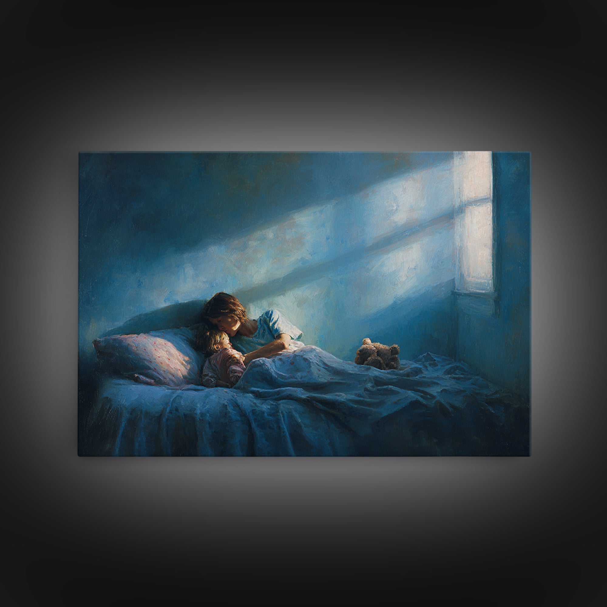 Moonlit Child Reading In Blue Bedroom Wall Art, Impressionist Oil Painting Print, Nursery Decor, Cozy Bedroom Art, Gift For Mom