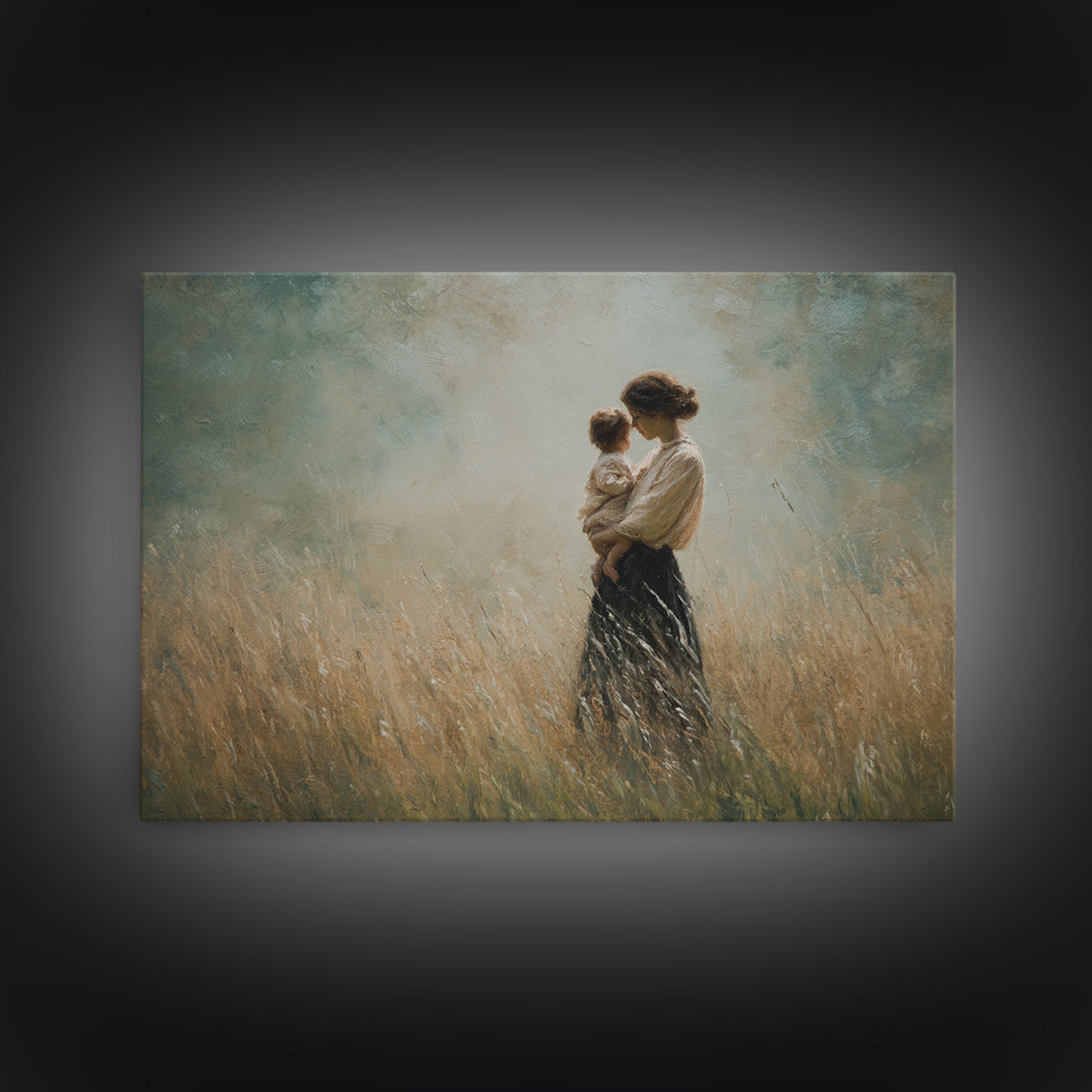 Mother And Child In Golden Grass Framed Canvas Print, Moody Impressionist Painting, Neutral Wall Art, Farmhouse Decor, Housewarming Gift