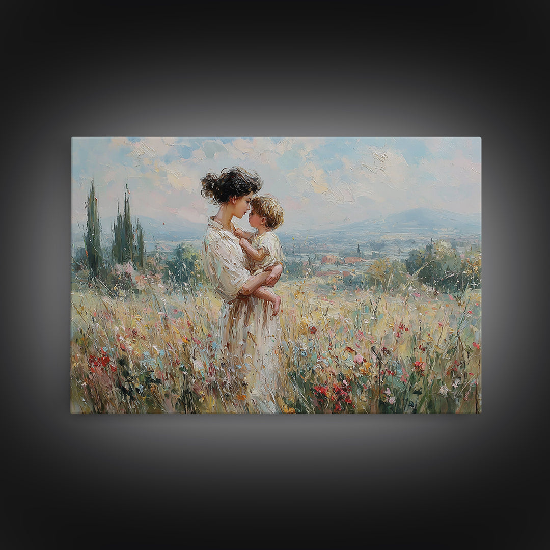 Mother And Child In Wildflower Hills Wall Art, Impressionist Oil Painting Print, Floral Wall Decor, Living Room Art, Gift For Mom