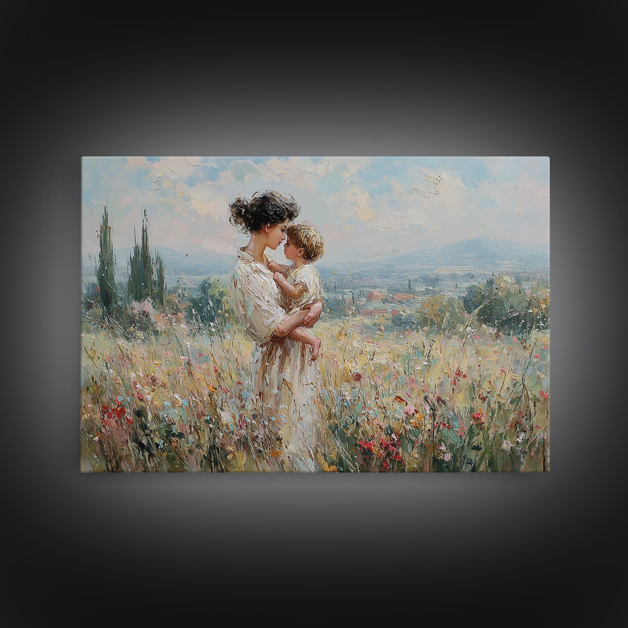 Mother And Child In Wildflower Hills Wall Art, Impressionist Oil Painting Print, Floral Wall Decor, Living Room Art, Gift For Mom