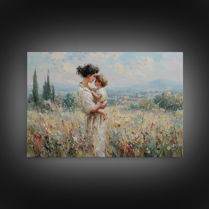 Mother And Child In Wildflower Hills Wall Art, Impressionist Oil Painting Print, Floral Wall Decor, Living Room Art, Gift For Mom