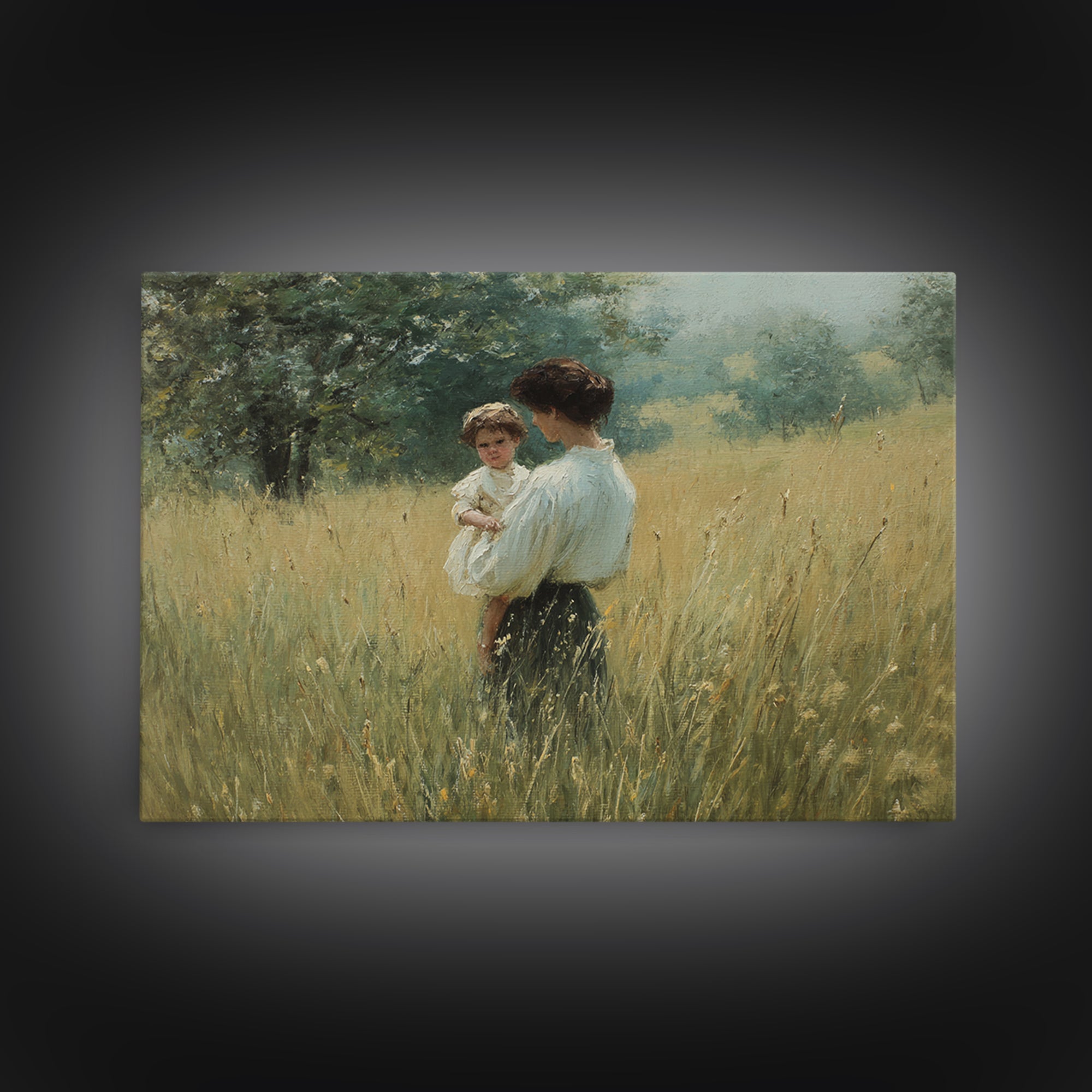 Mother Holding Child In Summer Field Framed Canvas Print, Impressionist Oil Painting, Rustic Wall Art, Farmhouse Home Decor