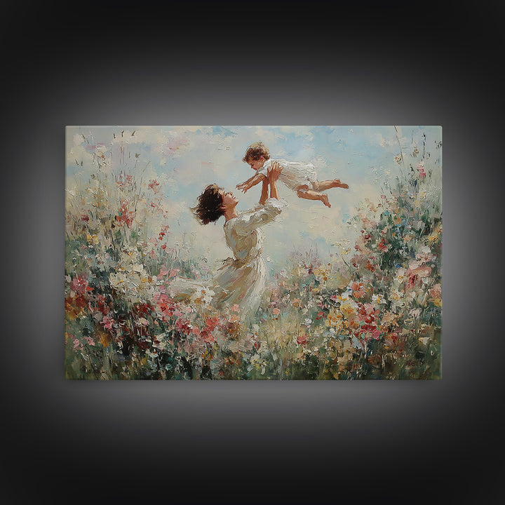 Mother Lifting Baby In Blooming Garden Wall Art, Joyful Impressionist Oil Painting Print, Floral Nursery Decor, Gift For Mom