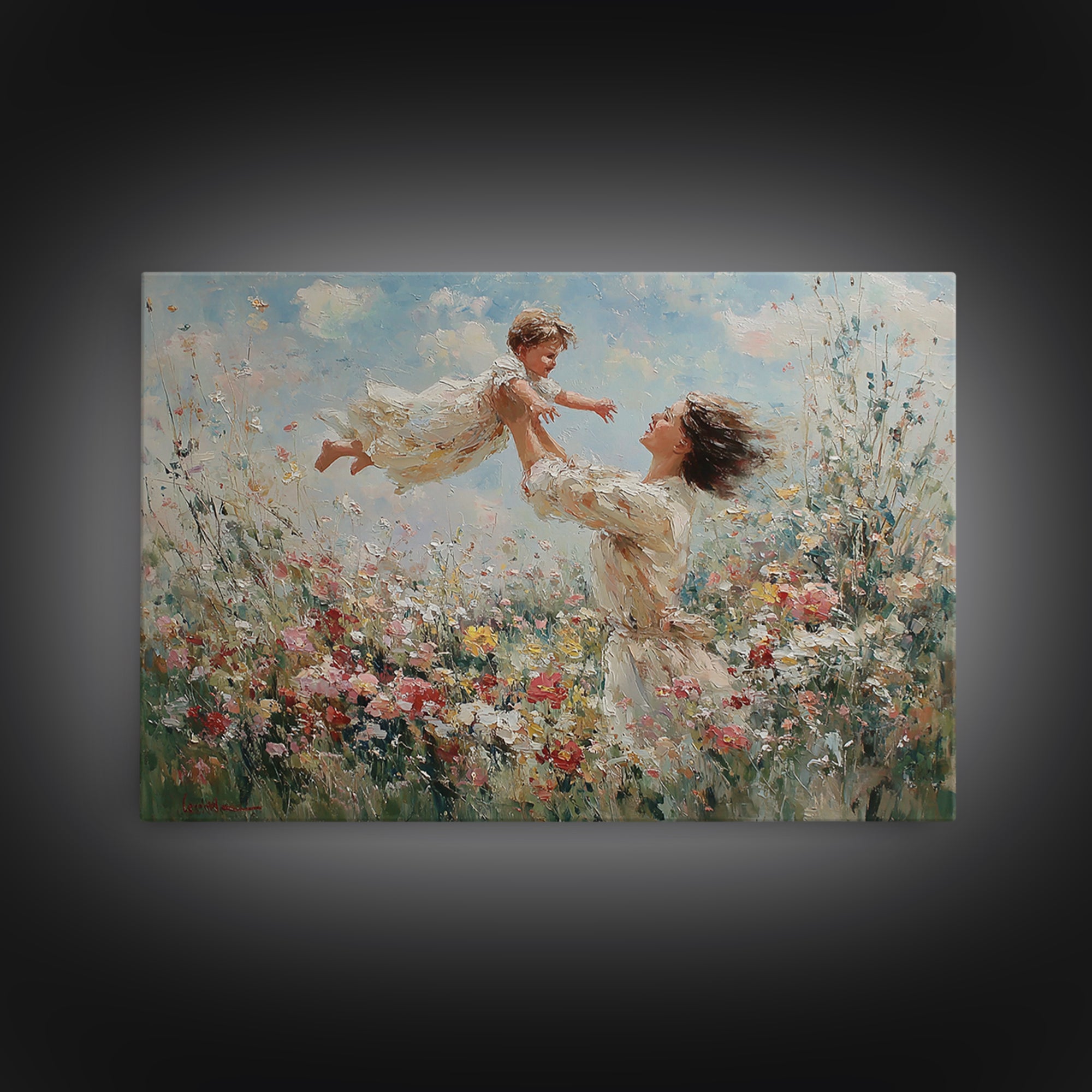 Mother Lifting Child Above Wildflowers Wall Art, Impressionist Oil Painting Print, Floral Nursery Decor, Living Room Decor, Gift For Mom
