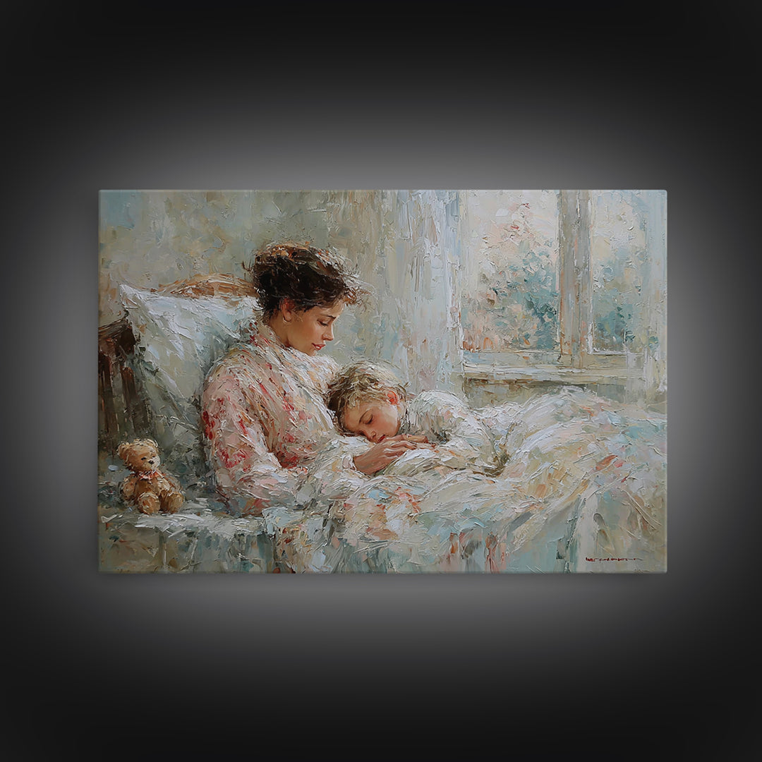 Mother And Child Bedtime Cuddle By Window Framed Canvas Print, Cozy Bedroom Wall Art, Nursery Wall Art, Gift For Mom, Home Decor