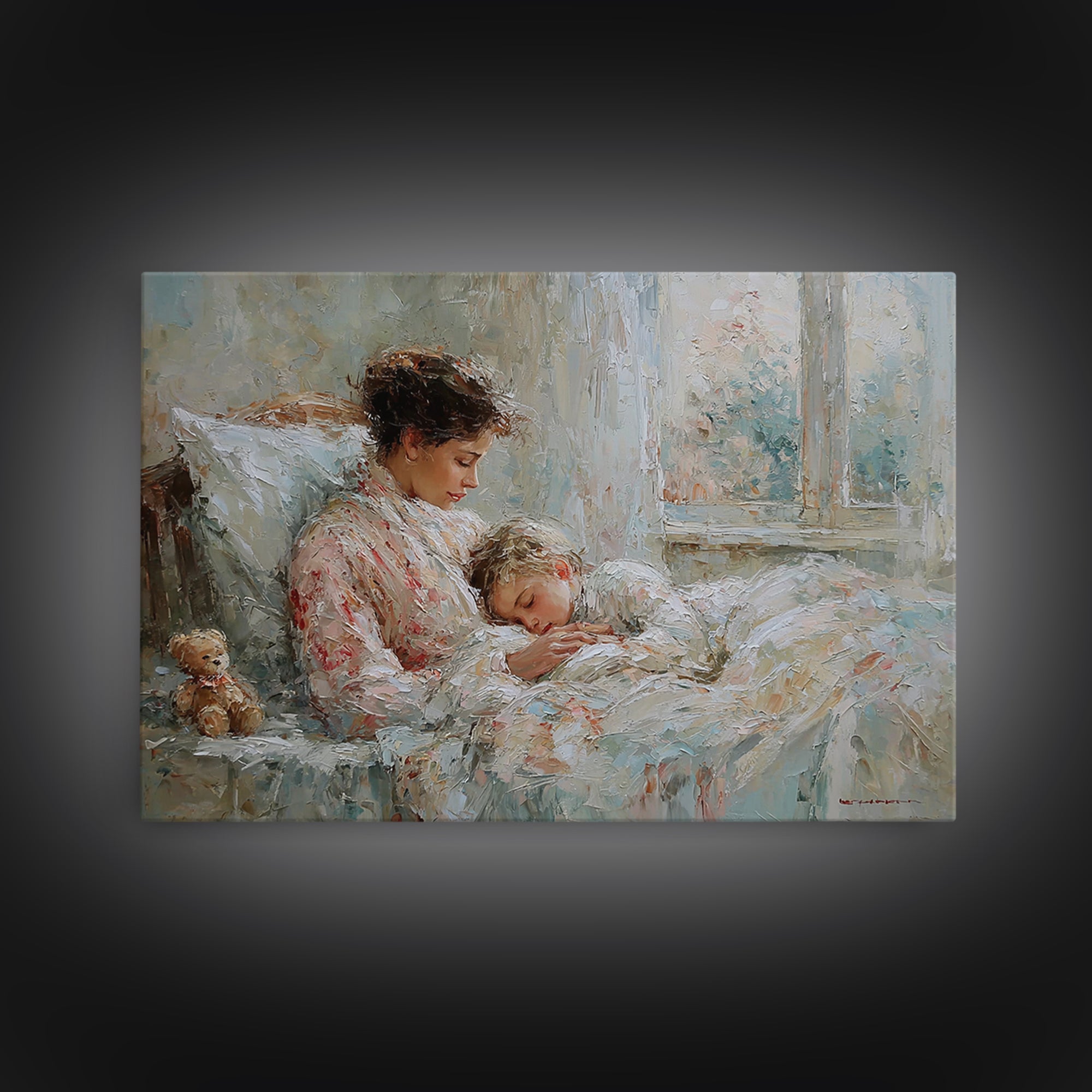 Mother And Child Bedtime Cuddle By Window Framed Canvas Print, Cozy Bedroom Wall Art, Nursery Wall Art, Gift For Mom, Home Decor