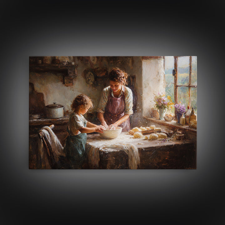 Mother And Child Mixing Dough In Warm Kitchen Framed Canvas Print, Farmhouse Kitchen Wall Art, Rustic Home Decor, Gift For Mom
