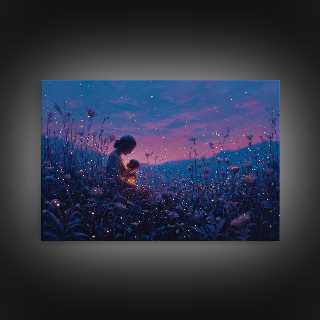 Twilight Mother And Child Firefly Canvas Print, Celestial Nursery Art, Fantasy Wall Decor, Gift For Mom, Bedroom Decor, Magical Art
