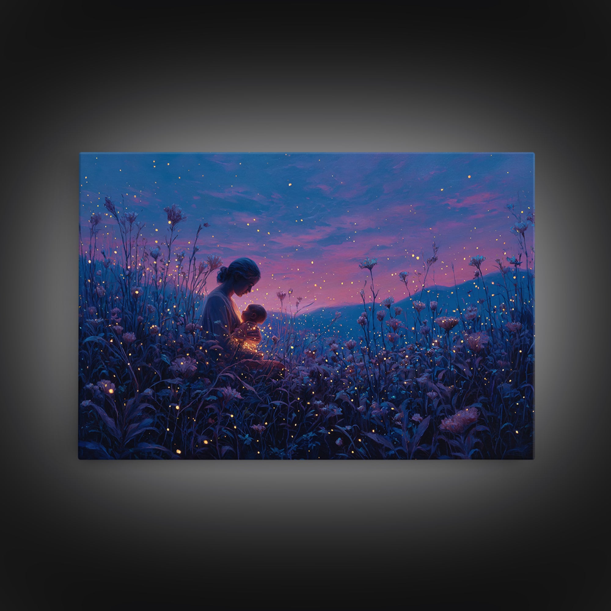 Twilight Mother And Child Firefly Canvas Print, Celestial Nursery Art, Fantasy Wall Decor, Gift For Mom, Bedroom Decor, Magical Art
