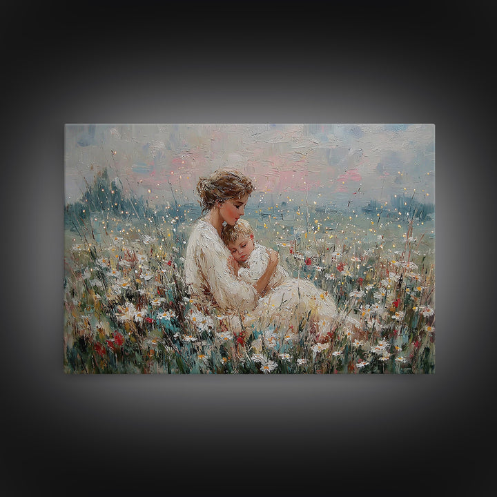 Impressionist Mother And Baby Wildflower Framed Canvas Print, Floral Wall Art, Fine Art Print, Mothers Day Gift, Home Decor
