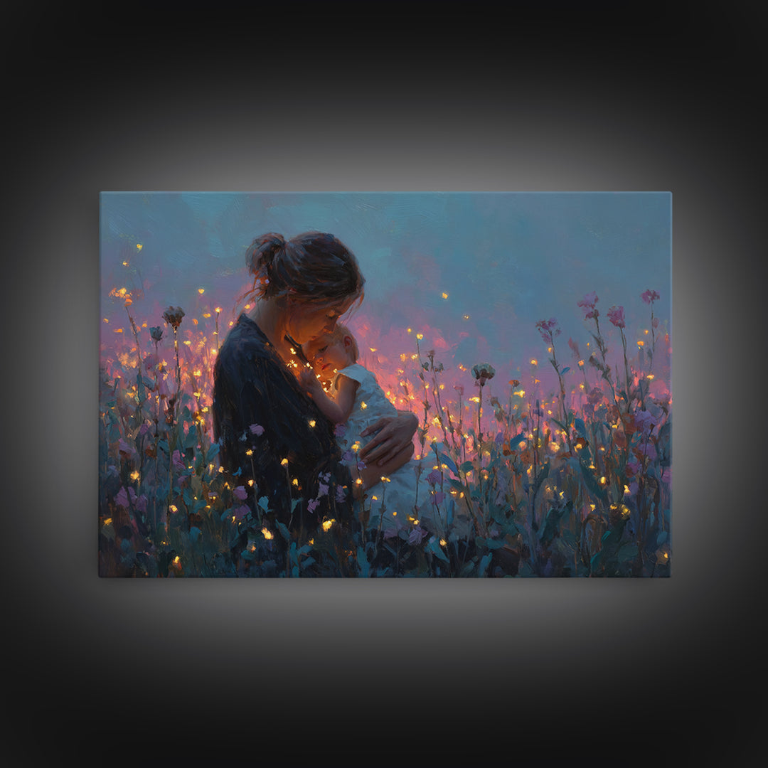 Glowing Mother And Infant Wildflower Canvas Print, Romantic Wall Art, Feminine Nursery Decor, Gift For Her, Cozy Wall Decor