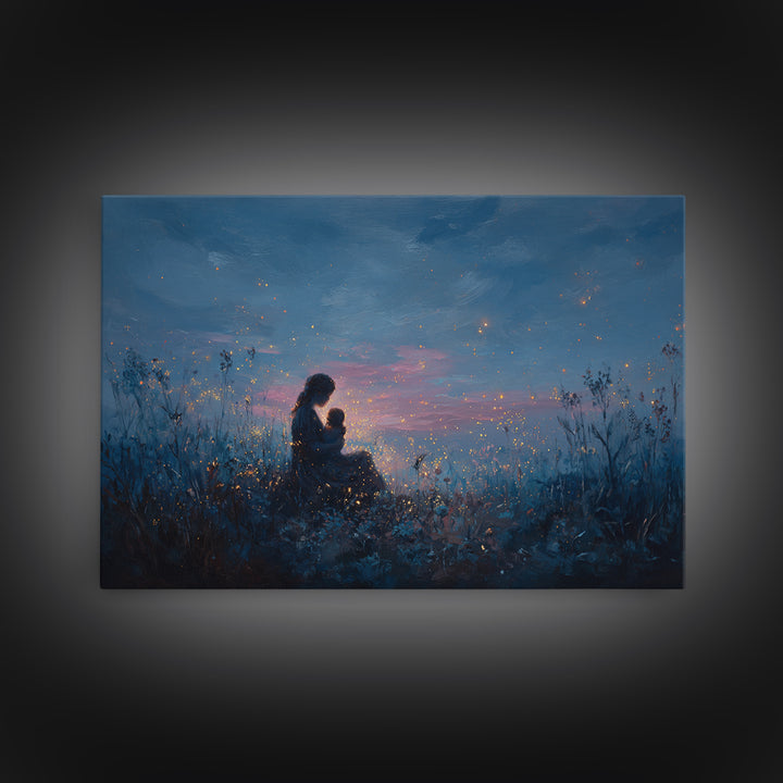 Moonlit Mother And Baby Firefly Wall Art, Celestial Canvas Wall Art, Moody Nursery Decor, Fantasy Art, Gift For Her, Bedroom Decor