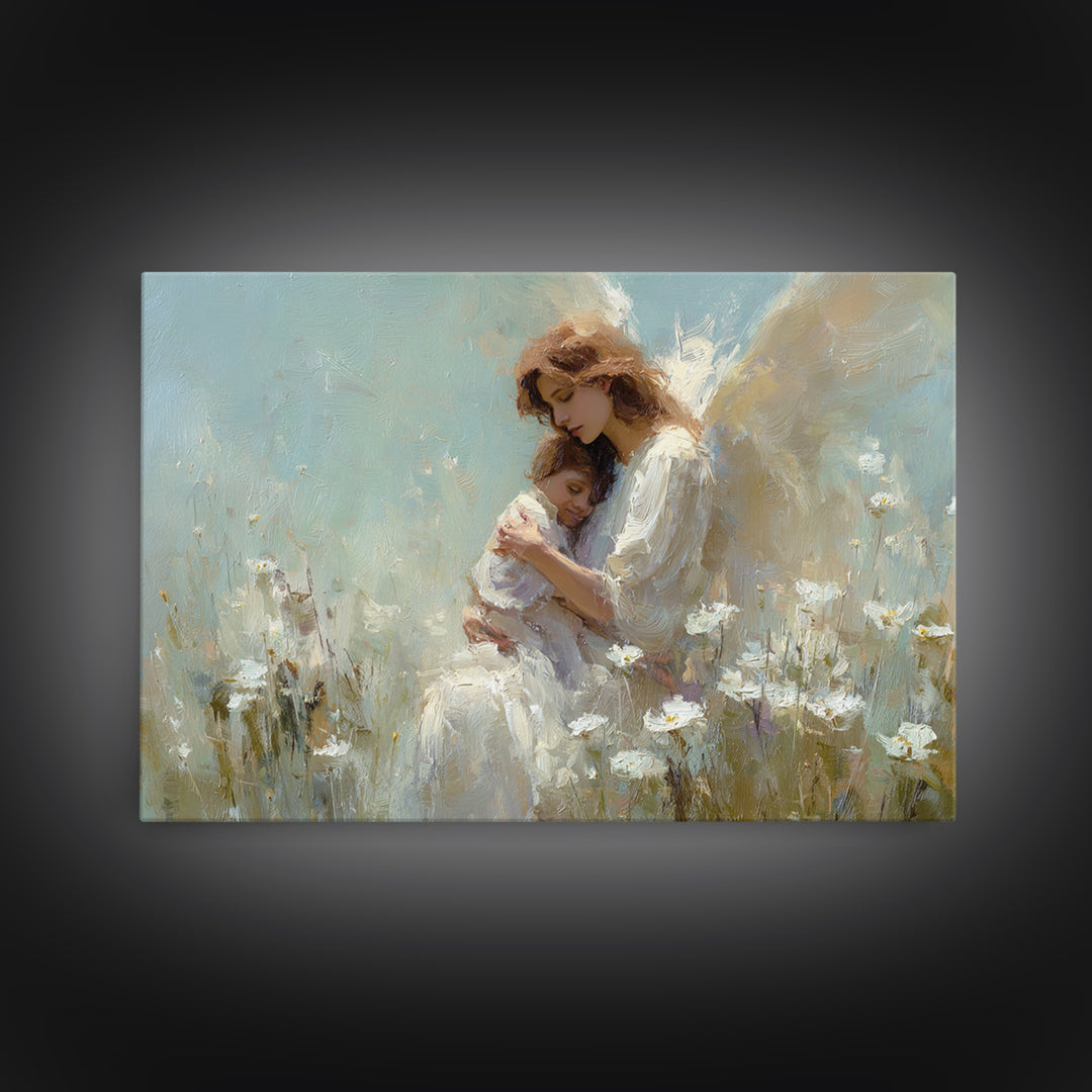Guardian Angel And Child Daisy Canvas Print, Christian Wall Art, Spiritual Nursery Decor, Feminine Art, Gift For Her, Home Decor