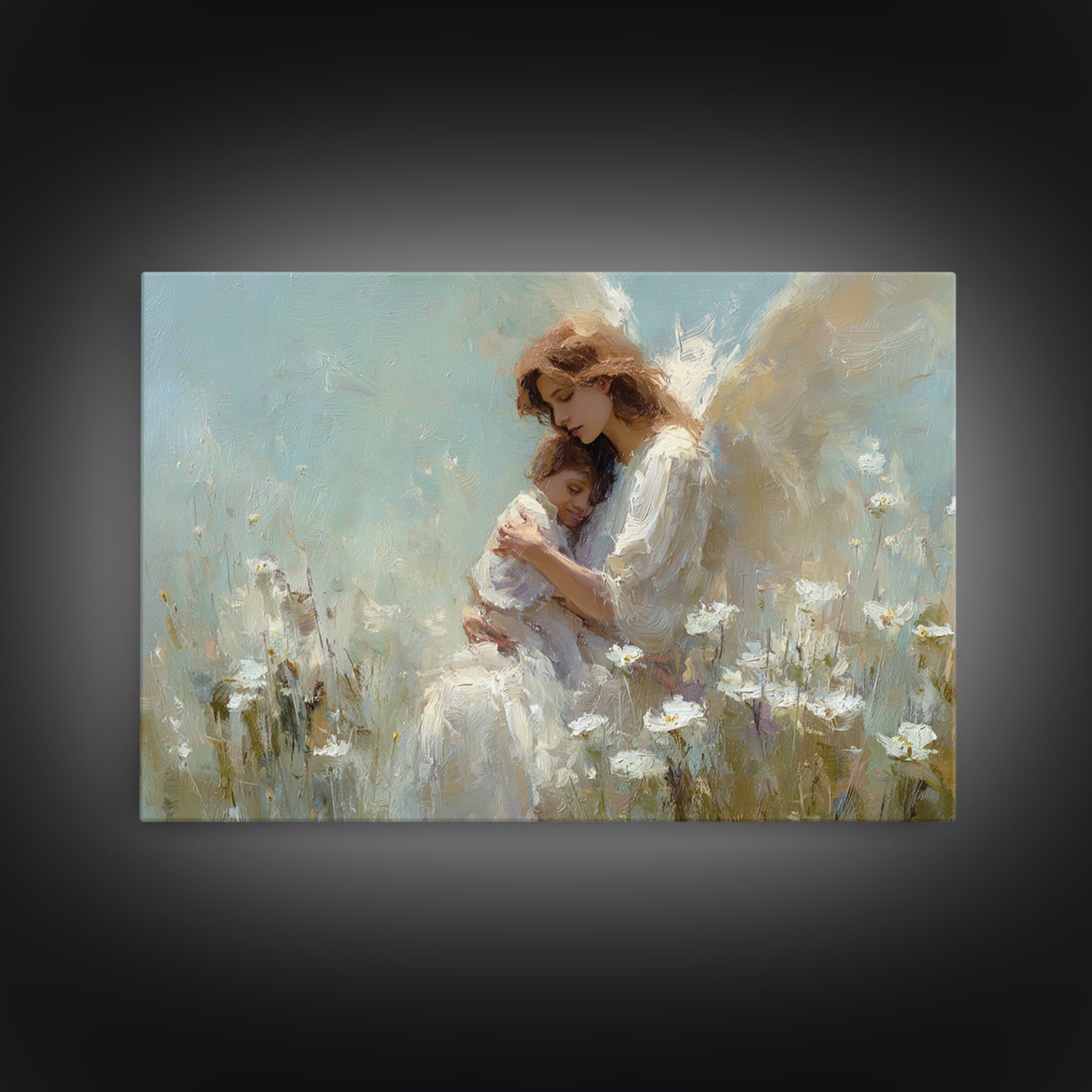 Guardian Angel And Child Daisy Canvas Print, Christian Wall Art, Spiritual Nursery Decor, Feminine Art, Gift For Her, Home Decor