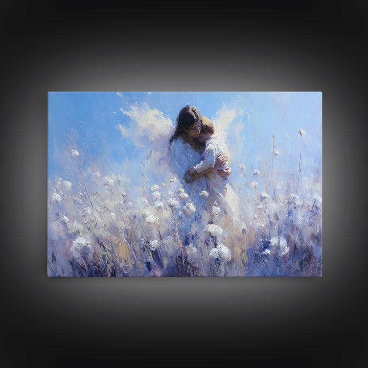 Blue Guardian Angel Mother And Child In Cotton Field Wall Art, Christian Nursery Decor, Motherhood Gift, Fine Art Print, Home Decor