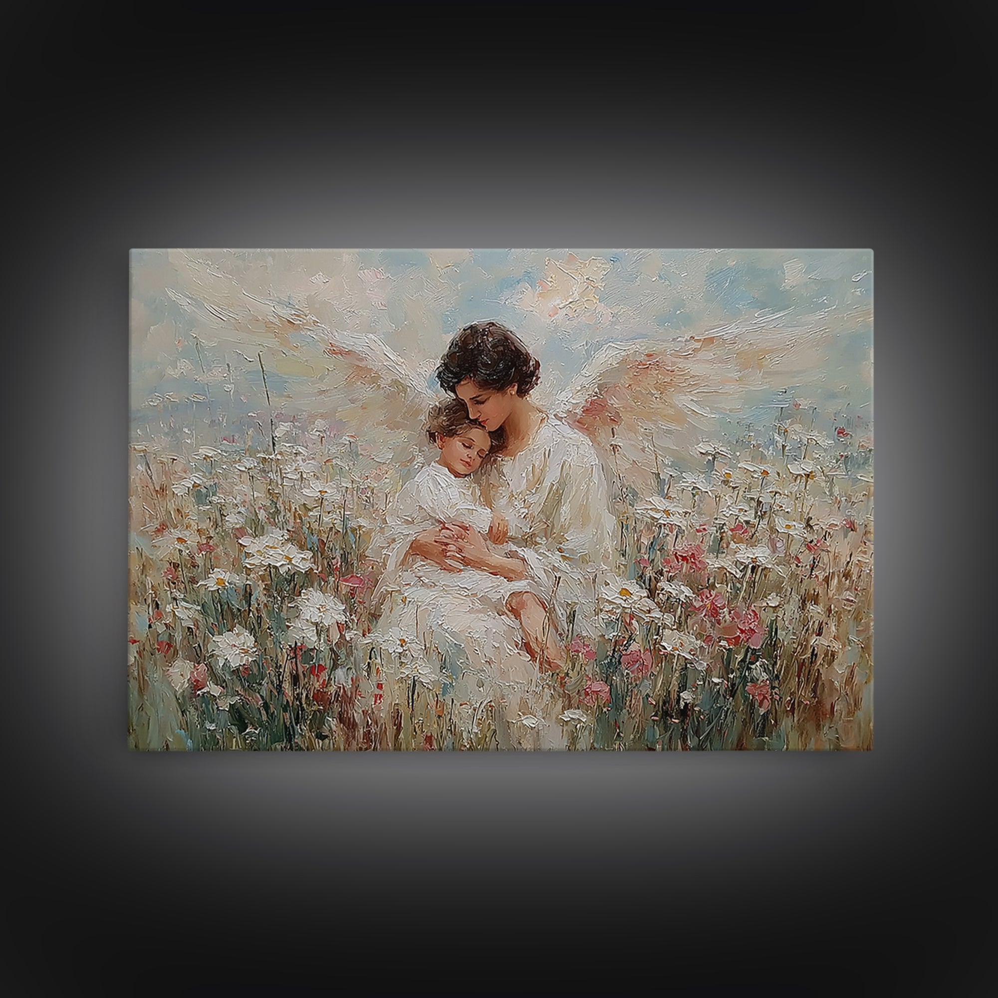 Textured Guardian Angel With Sleeping Child In Daisy Meadow Framed Canvas Print, Christian Wall Art, Nursery Decor, Gift